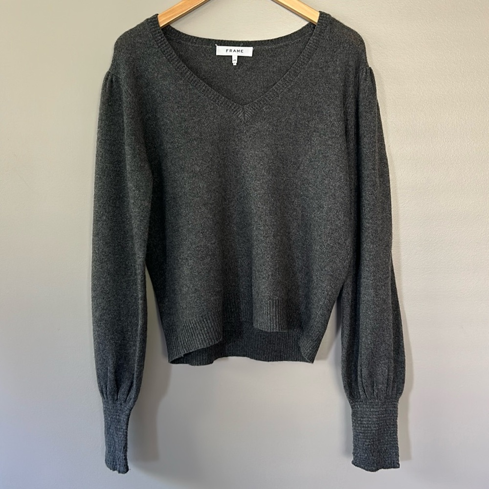 Frame Cashmere V-Neck Sweater Sizeโ Large Dark Gris Gray